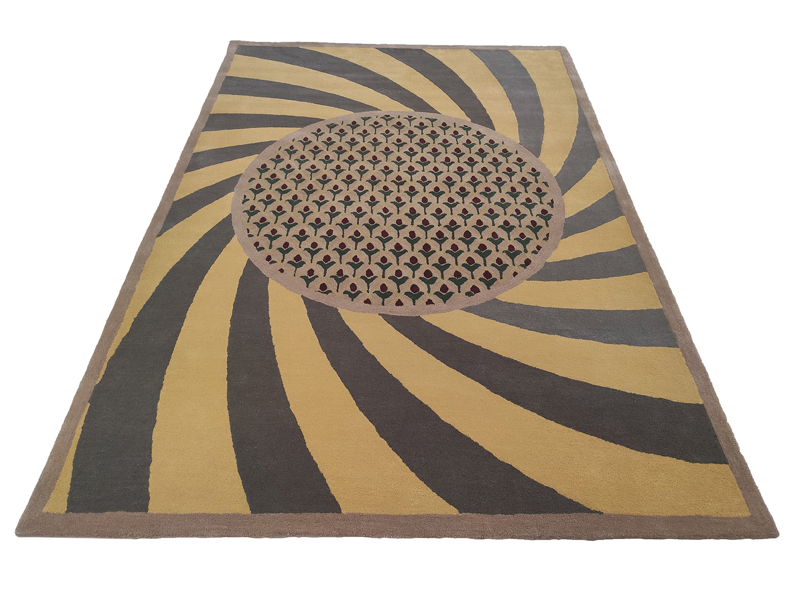 The RAMSHA HOME Modern Mustard & Grey Wool Carpet (202x292 cm, HTW-30) features a rectangular design with swirling gold and dark brown patterns, a central ornate motif, solid brown border, and is hand-tufted from wool for softness and durability.
