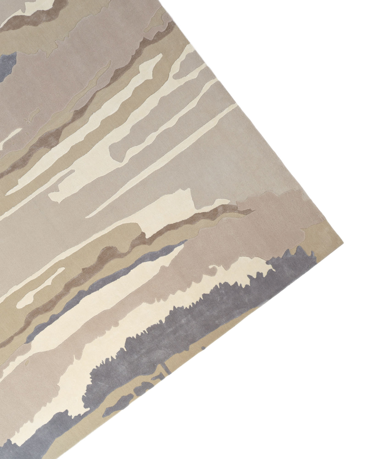 A section of the Classic Rectangle Handmade Area Rug- HTWV 177 (300x400 cm) by RAMSHA HOME is shown, featuring a beige base with an abstract, wavy pattern in shades of cream, tan, brown, and gray on a white background. Hand tufted from viscose, this rug offers a soft texture and modern style—making it the perfect neutral abstract accent for any living space.