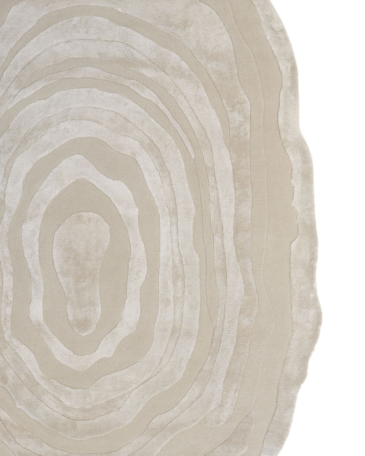Handmade Beige Organic Shape Rug with Layered Pattern 200x300 cm – HTWV 209 by RAMSHA HOME features a unique, irregular shape in a neutral beige tone with concentric, organic rings reminiscent of tree rings or topographic lines, perfect for modern home decor; shown on a white background.
