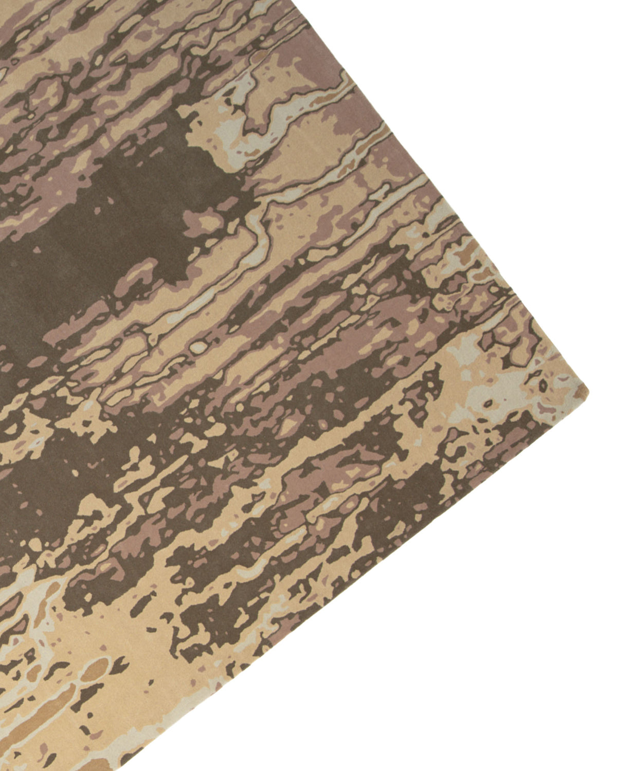 Close-up of a rectangular Vintage Decor Handmade Carpet – HTW-52 by RAMSHA HOME, displaying a pattern reminiscent of tree bark or wood grain in shades of brown, tan, and beige. The image is cropped to show only a corner of this modern neutral rug against a white background.