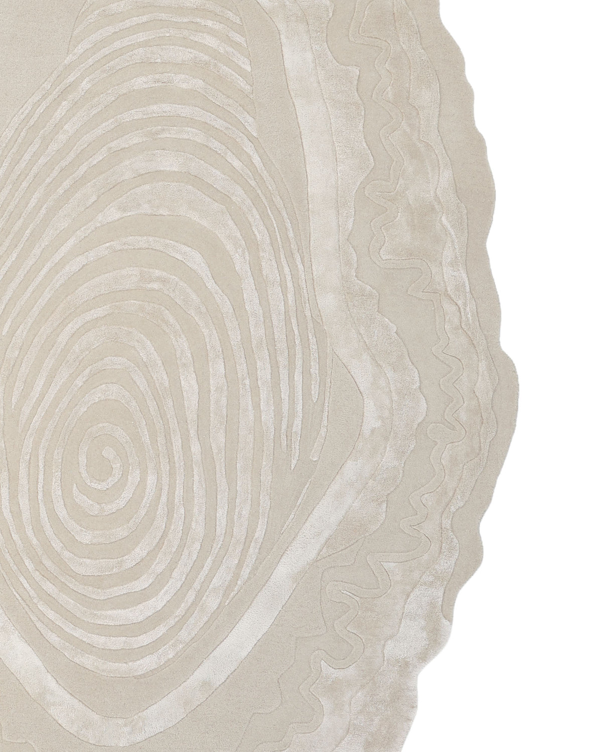 Introducing the Abstract Beige Handcrafted Rug – Neutral Textured Modern Area Rug– HTWV 204 by RAMSHA HOME. Featuring wavy edges and a central spiral design reminiscent of topographic maps or fingerprints, this sophisticated beige and cream rug adds subtle elegance to any room.