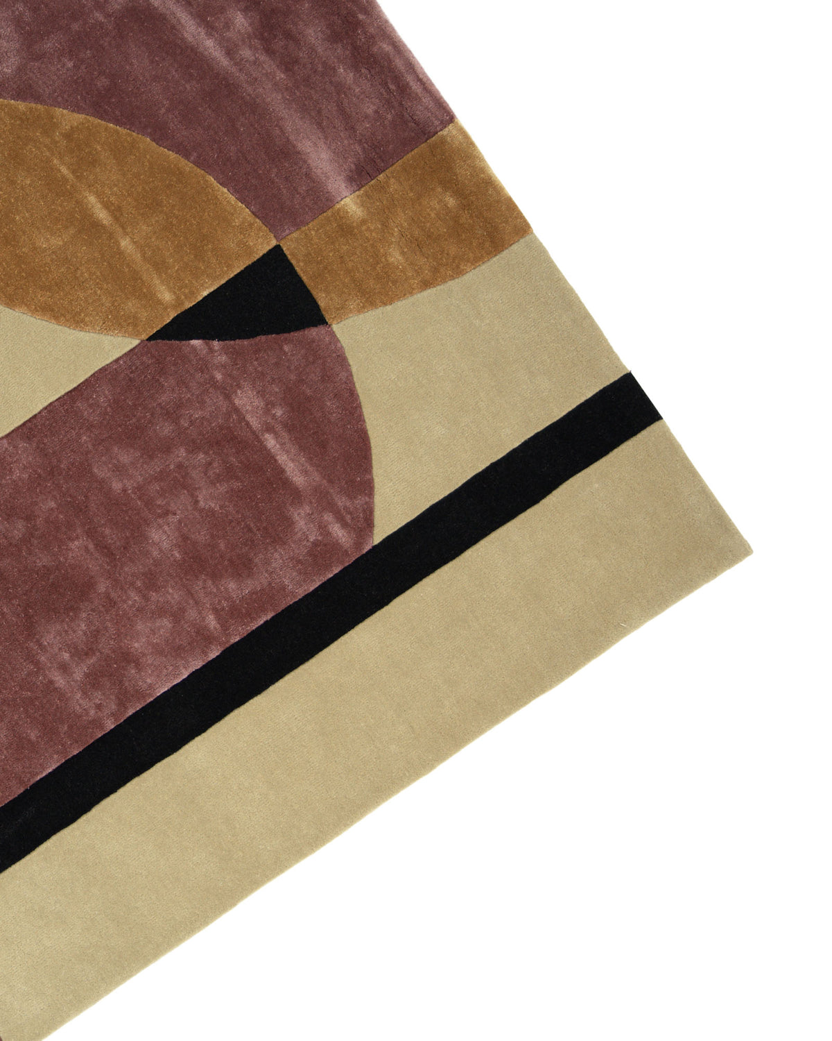 A close-up of the Multi Color Handmade Rug HTWV-20 by RAMSHA HOME highlights a section of its abstract design, showcasing rectangles, circles, and triangles in shades of beige, black, brown, and burgundy. The image focuses on a corner of this geometric-patterned wool-viscose area rug.