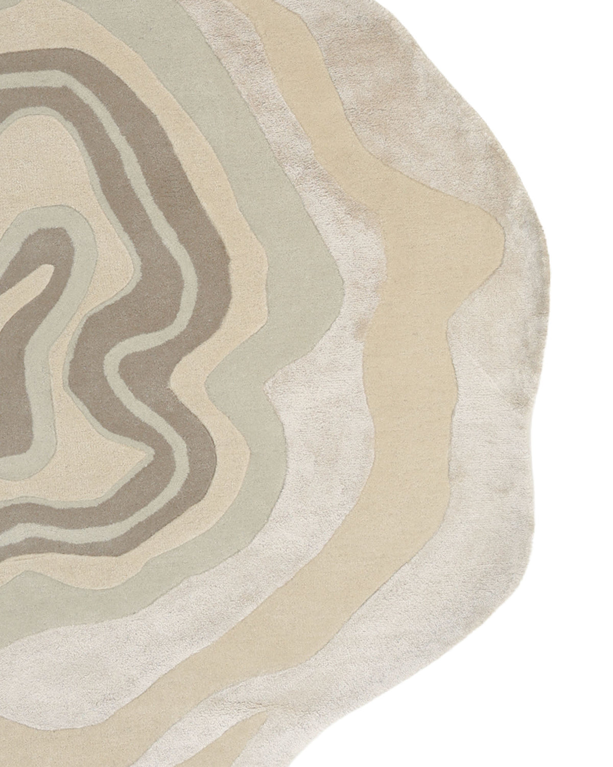 The Modern Spiral Shape Rug Neutral Beige & Green 200 cm – HTWV 208 by RAMSHA HOME features wavy, layered patterns in soft beige and subtle green on a white background, reminiscent of topographical map lines or tree rings—an eye-catching neutral area rug that infuses any space with organic elegance.