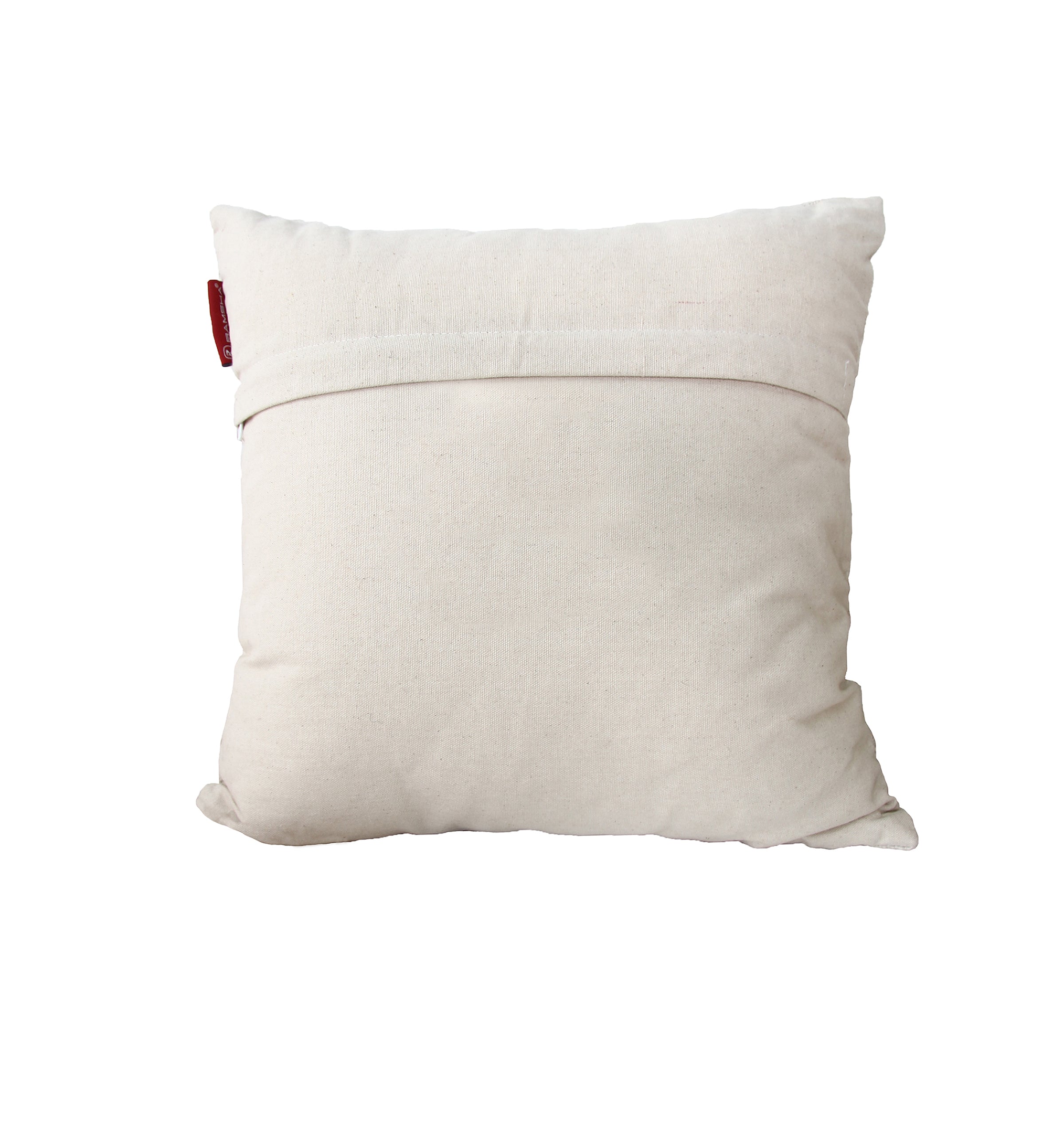 The RAMSHA HOME Multi Colored Embroidery Cotton Cushion cs-259 features a simple design with visible horizontal seam and a small red tag on the upper left, displayed on a white background.