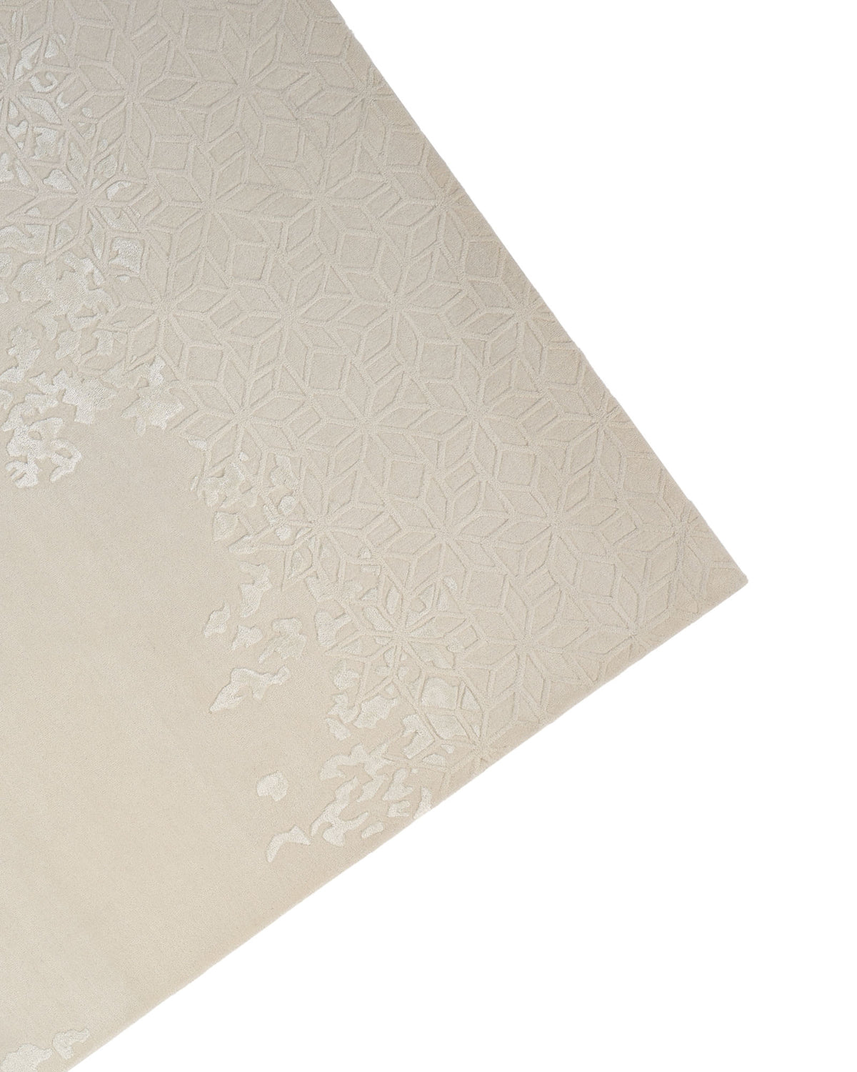 A close-up of the Handmade Beige Color Area Rug - HTWV 165 (200x300 cm) by RAMSHA HOME showcases its modern geometric design in beige, featuring a delicate star pattern and a gradient effect that gently fades toward the center. Crafted from hand-tufted wool for added texture, hints of silver-grey enhance its contemporary style, all set against a clean white background.