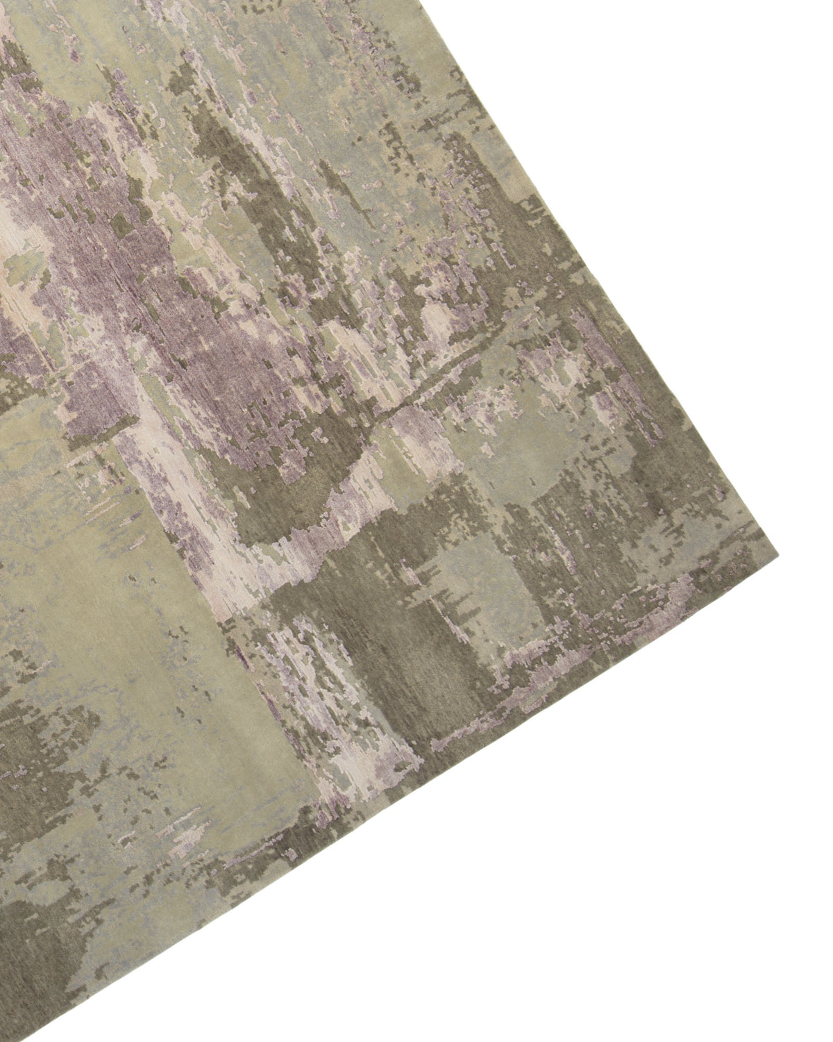 The RAMSHA HOME Hand Knotted Living Room Rug - HKWV-03 (240x300 CM) features an abstract, painterly design in subtle tones of purple, gray, and beige. Expertly crafted as a hand knotted rug, it is showcased from an angled top-down perspective against a white background.