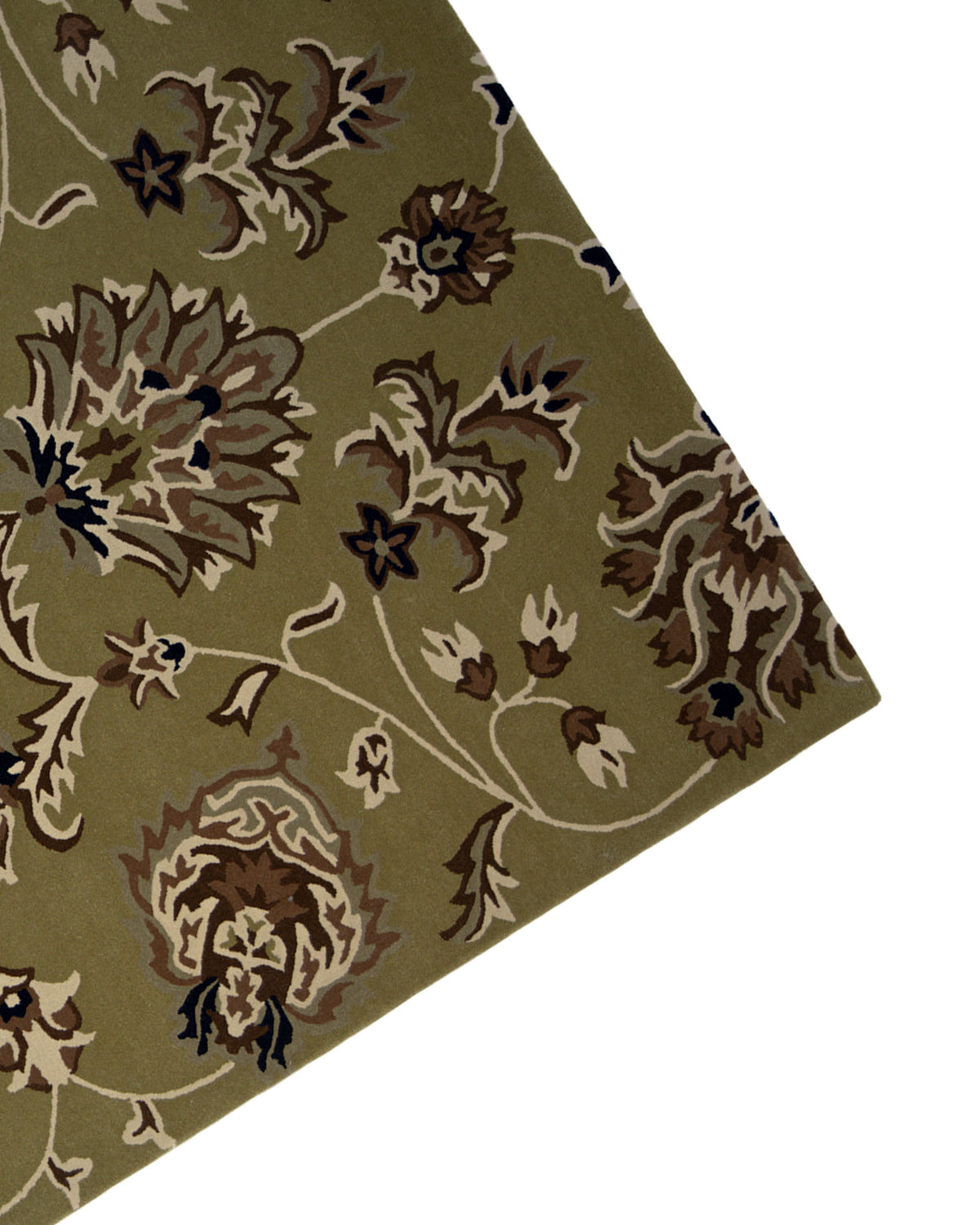 A corner of the RAMSHA HOME Home Decor Multi Color Handmade Rug - HTW 10 (200x300 cm) is shown, featuring a green background with a brown, beige, and cream floral pattern.