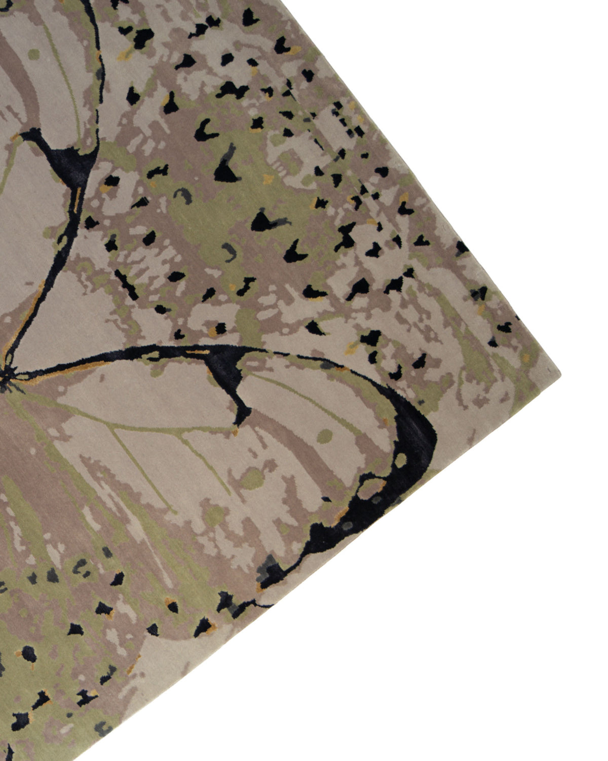 A close-up of the Butterfly Design Carpet For Every Room HKWV-010 by RAMSHA HOME showcases a butterfly wing motif in muted beige, cream, and light green with black accents on a white background. This elegant Tencel wool rug brings nature-inspired beauty to any space.