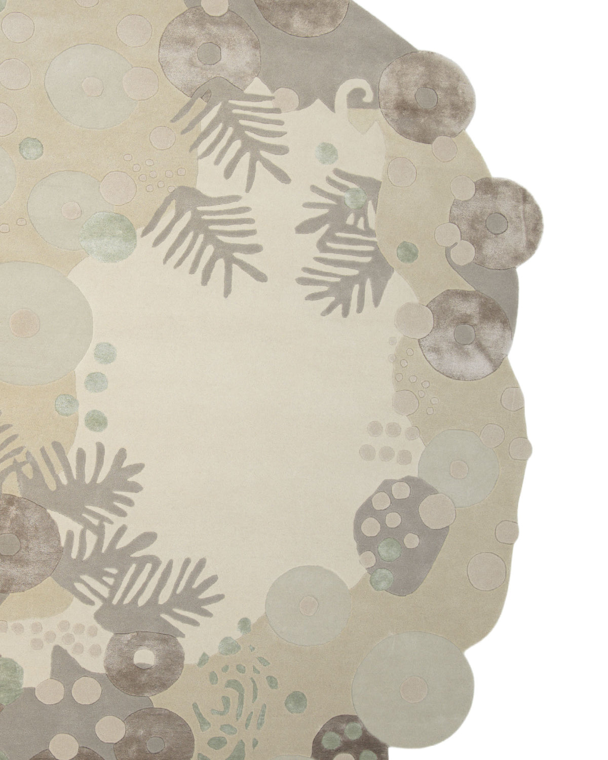 The Organic Shaped Rug with Abstract Floral & Botanical design (200x300 cm – HTWV 212) by RAMSHA HOME features round, abstract, handmade motifs in beige, gray, and green tones. The rug showcases dotted circular patterns and fern-like botanical details on a soft cream-colored background.
