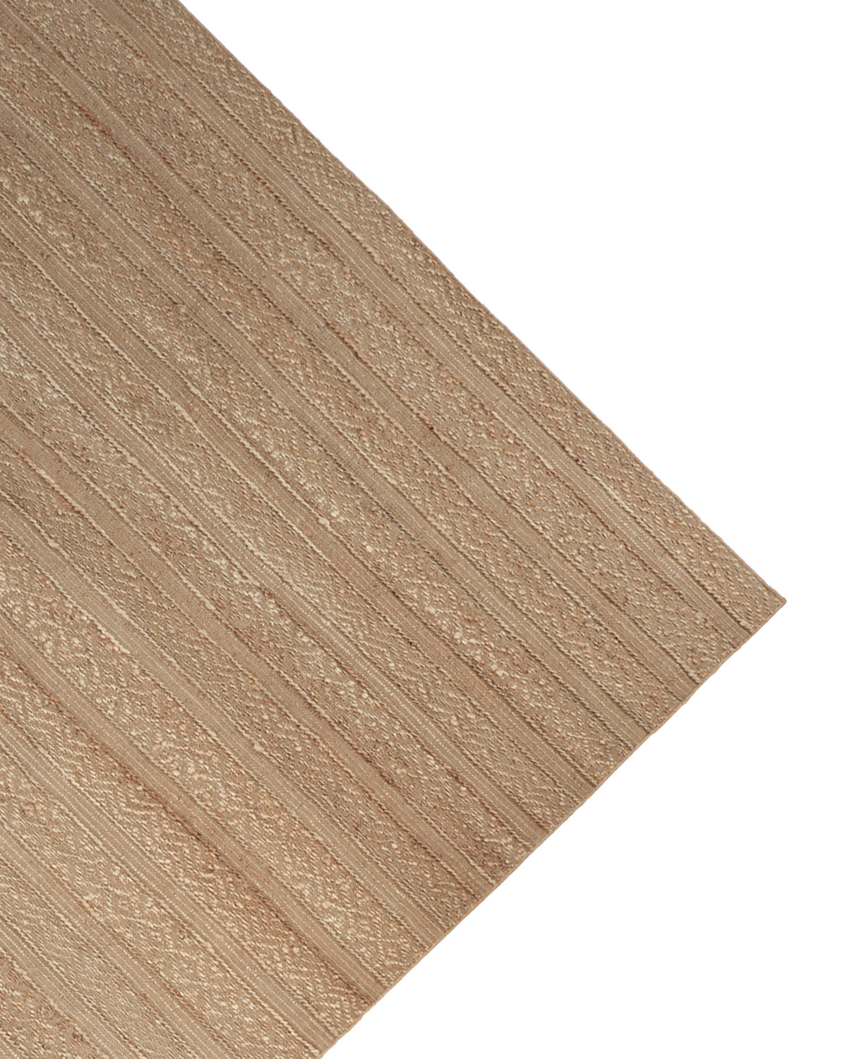 A close-up, angled view of the RAMSHA HOME Natural Color Hand Woven Area Rug WR-033, featuring a textured tan jute surface with subtle linear and geometric patterns, set against a white background.