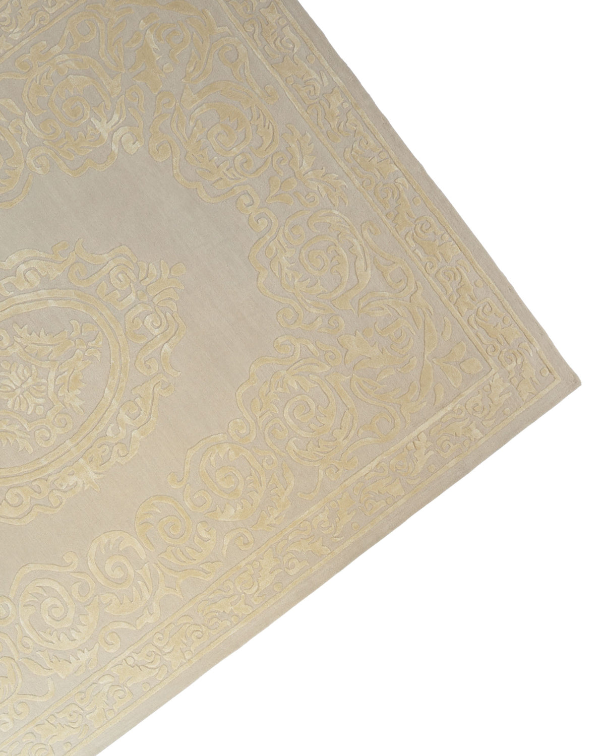 The RAMSHA HOME Handmade Beige Area Rug (300x400 cm, HTWV-56) features an ornate traditional design with gold accents, a detailed medallion, intricate border, and elegant floral patterns. The rug is displayed at an angle against a white background.