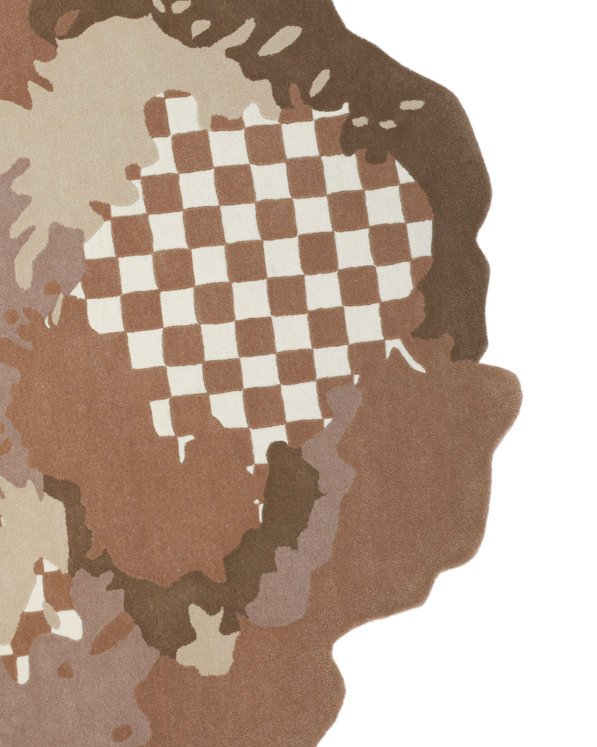 The Handmade Multicolor Area Bespoke Rug HTW 128 (200cm) by RAMSHA HOME features an artistic, abstract design with organic brown and beige shapes and a central white and brown checkerboard pattern. This hand-tufted rug presents a modern appearance, with its varied shades blending seamlessly together for a unique, contemporary look.