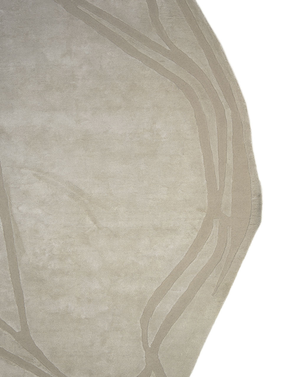The RAMSHA HOME Handmade irregular 200x300 cm Rug HTWV-198 showcases a soft, plush texture with abstract beige tones and wavy, intersecting lines in lighter and darker shades. This geometric rug features organic, irregular edges and is photographed against a plain white background.