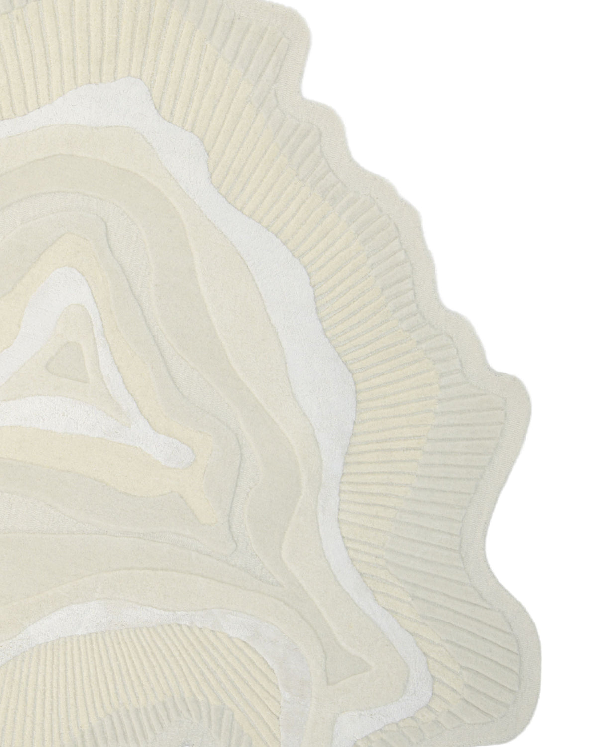 Inspired by topographic map contours, the Natural Handmade Area Rug - HTWV-126 from RAMSHA HOME features layered, wavy lines in cream and beige tones on a crisp white background. This sculpted rug offers a striking visual effect with its unique texture and dimension, making it an ideal choice for those looking to enhance their space with distinctive design.