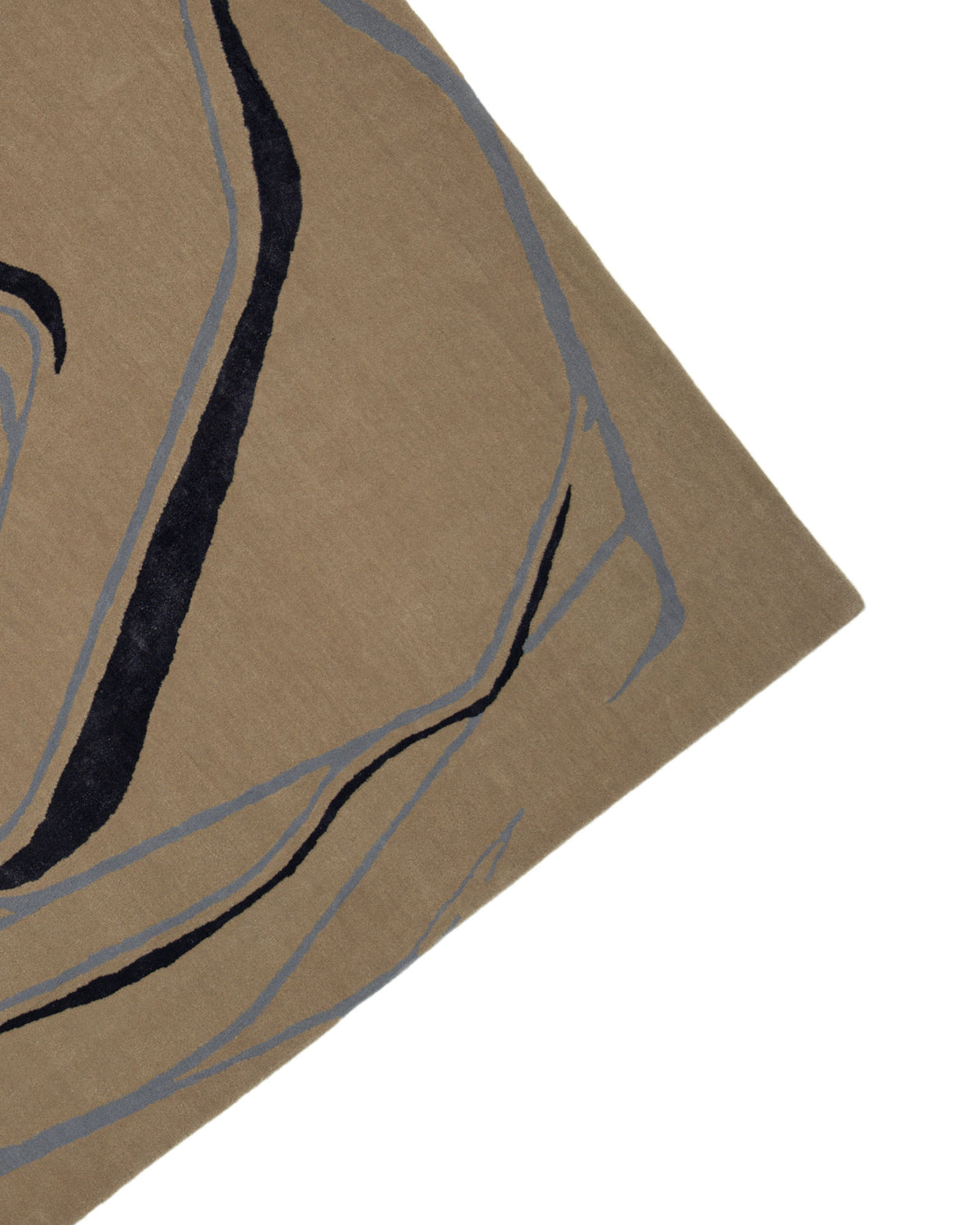A close-up of the RAMSHA HOME Modern Abstract Beige & Blue Line Art Rug – HTWV-25 (202x292 CM) reveals its hand-tufted design featuring abstract wavy lines in beige, blue, and gray, with only a corner of the rug visible against a white background.
