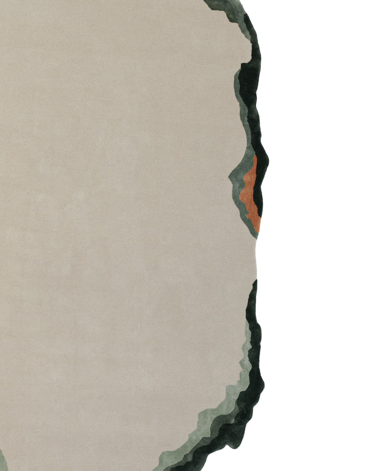 The RAMSHA HOME Handmade Decorative Multi Color Rug HTWV-92 is a beige irregular area rug with a wavy edge, showcasing dark green and brown accents on the right side against a white background. This modern wool rug brings contemporary charm to any space.