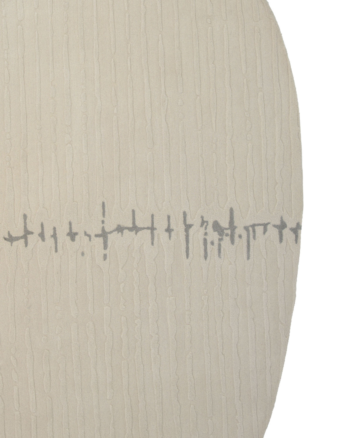 The Irregular Shape Handmade Rug HTW 108 by RAMSHA HOME features a beige oval design with a subtle vertical stripe texture and a horizontal gray abstract pattern crossing near the center. Its modern, irregular shape adds contemporary charm to any room.