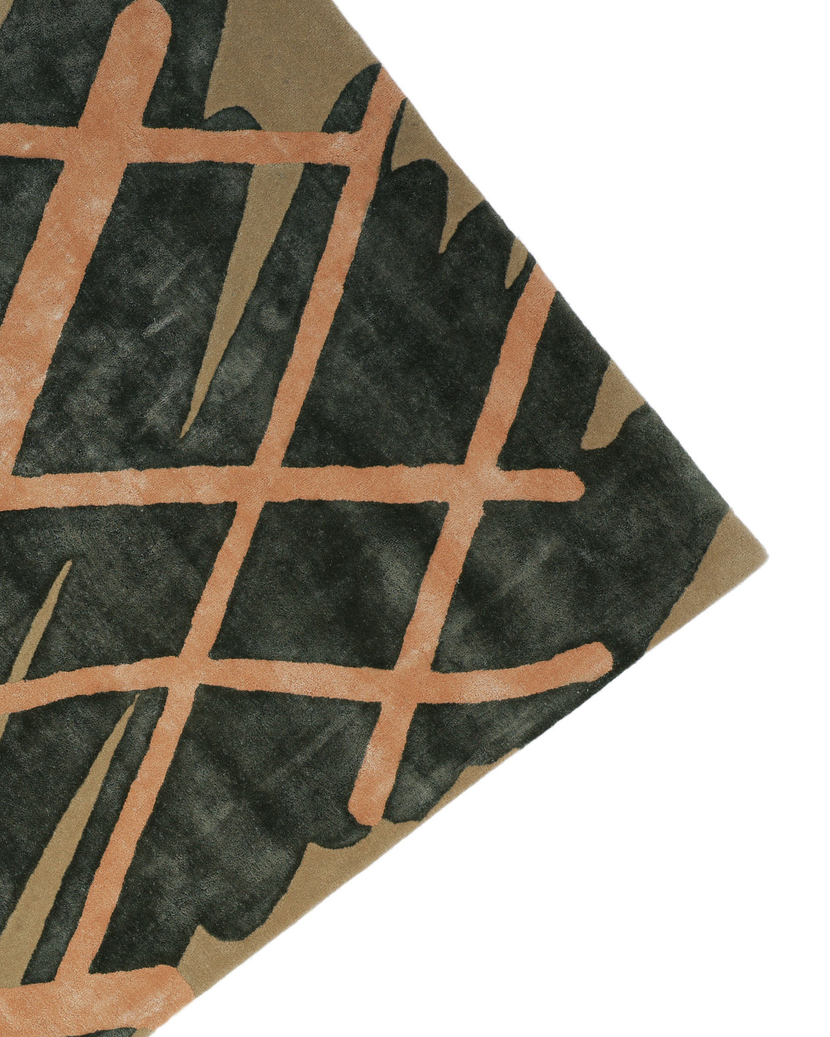 A corner of the RAMSHA HOME Sage Green & Beige Contemporary Designer Rug (180x270 cm, HTWV 22) shows sage green and beige sections intersected by diagonal orange lines that create a modern abstract geometric grid.