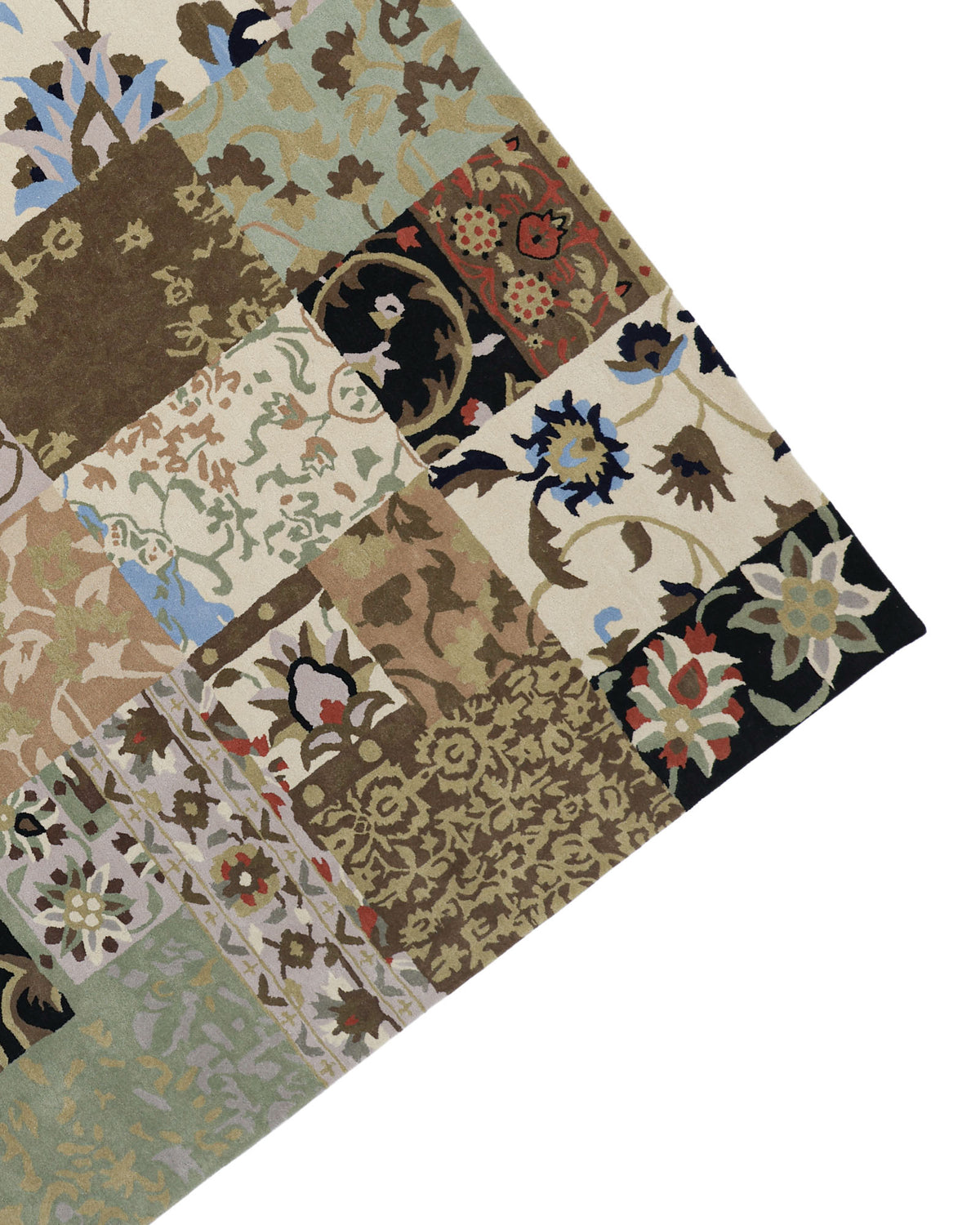 A corner of the RAMSHA HOME Vintage Patchwork Floral Multicolor Rug – HTW-43 (300x400 CM) displays an array of earth-toned, floral and patterned square sections, beautifully highlighting the hand-tufted craftsmanship and premium wool artistry.