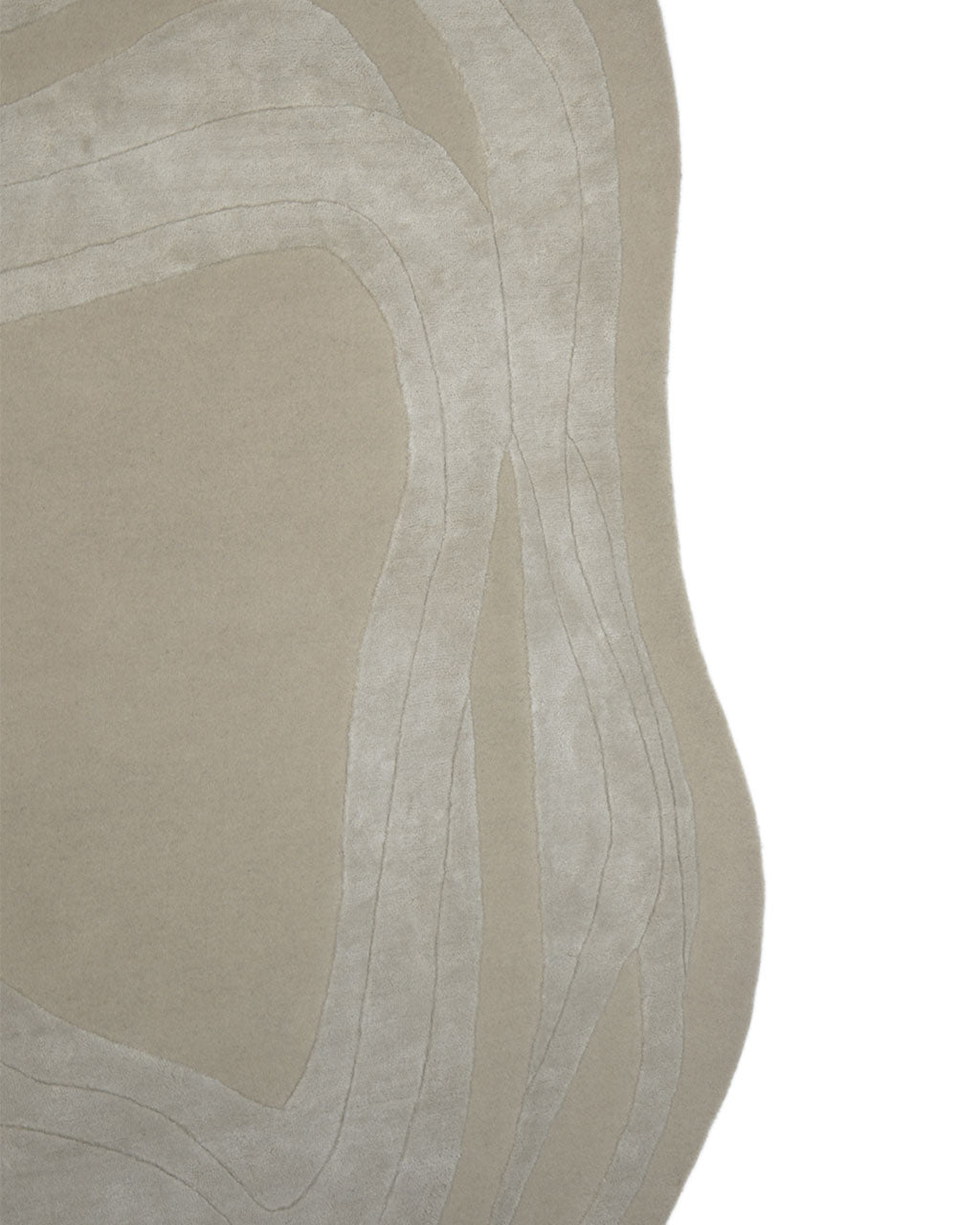 Introducing the Handmade irregular 200x300 cm Rug HTWV-191 from RAMSHA HOME—a beige wool Tencel area rug featuring an abstract design of wavy line patterns in subtly contrasting shades of beige. Its distinctive irregular shape and flowing, contour-like motifs lend a sophisticated geometric appeal to any space.