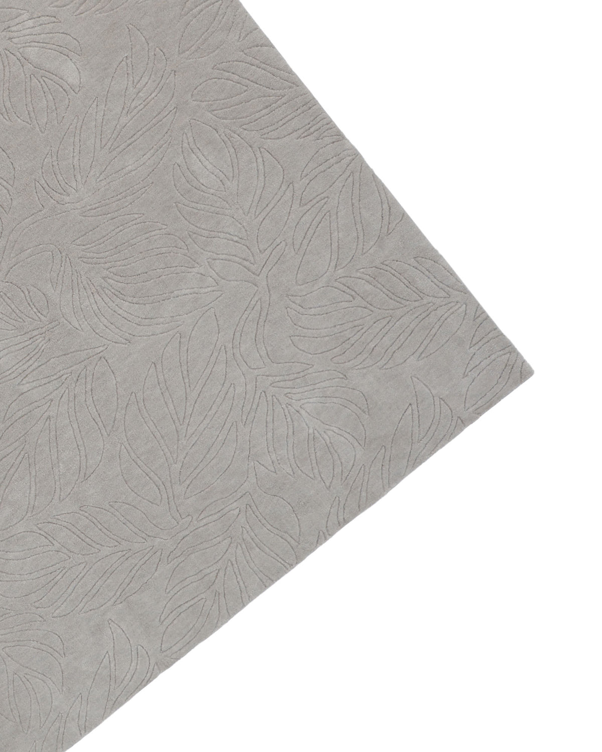 A close-up of the RAMSHA HOME Decorative Rectangle Handmade Grey Color 200x300 cm Area Rug (LKH-039), featuring a subtle embossed leaf pattern in light gray, is shown with the corner of the rug displayed on a white background.