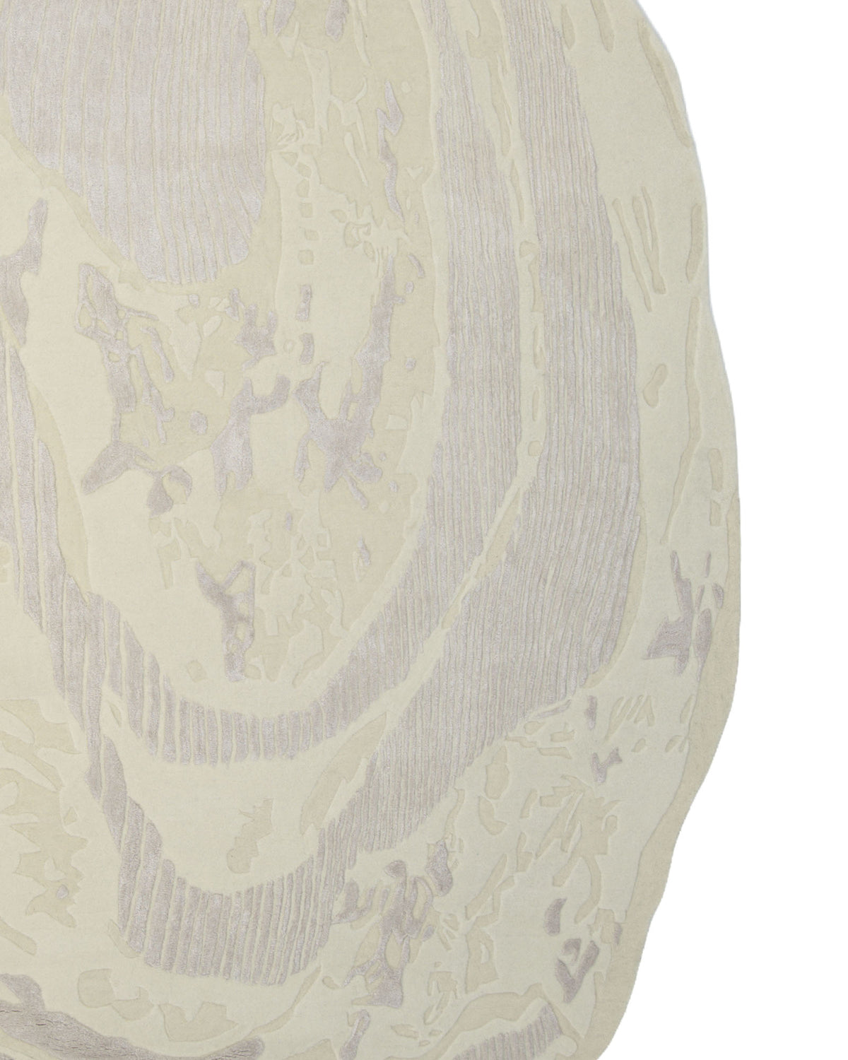 Close-up of the Abstract Beige Handcrafted Rug (HTWV 205) by RAMSHA HOME, featuring a wavy abstract design in beige and light gray tones that evokes wood grain or a topographic map, beautifully displayed on its softly textured neutral surface.