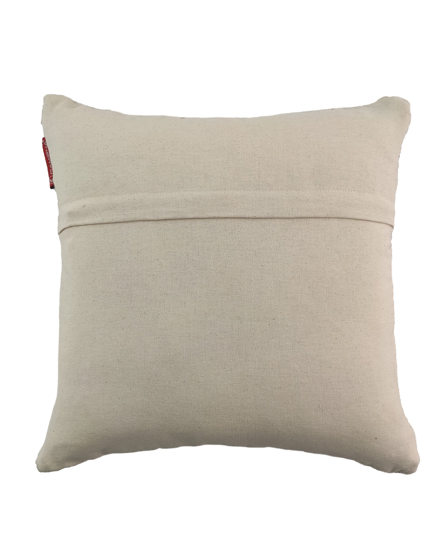 The RAMSHA HOME Embroidery Woven Cushion With Insert cs-161 features a beige square design with a visible horizontal seam, small red tag on the upper left, and is crafted from cotton or linen for understated elegance.
