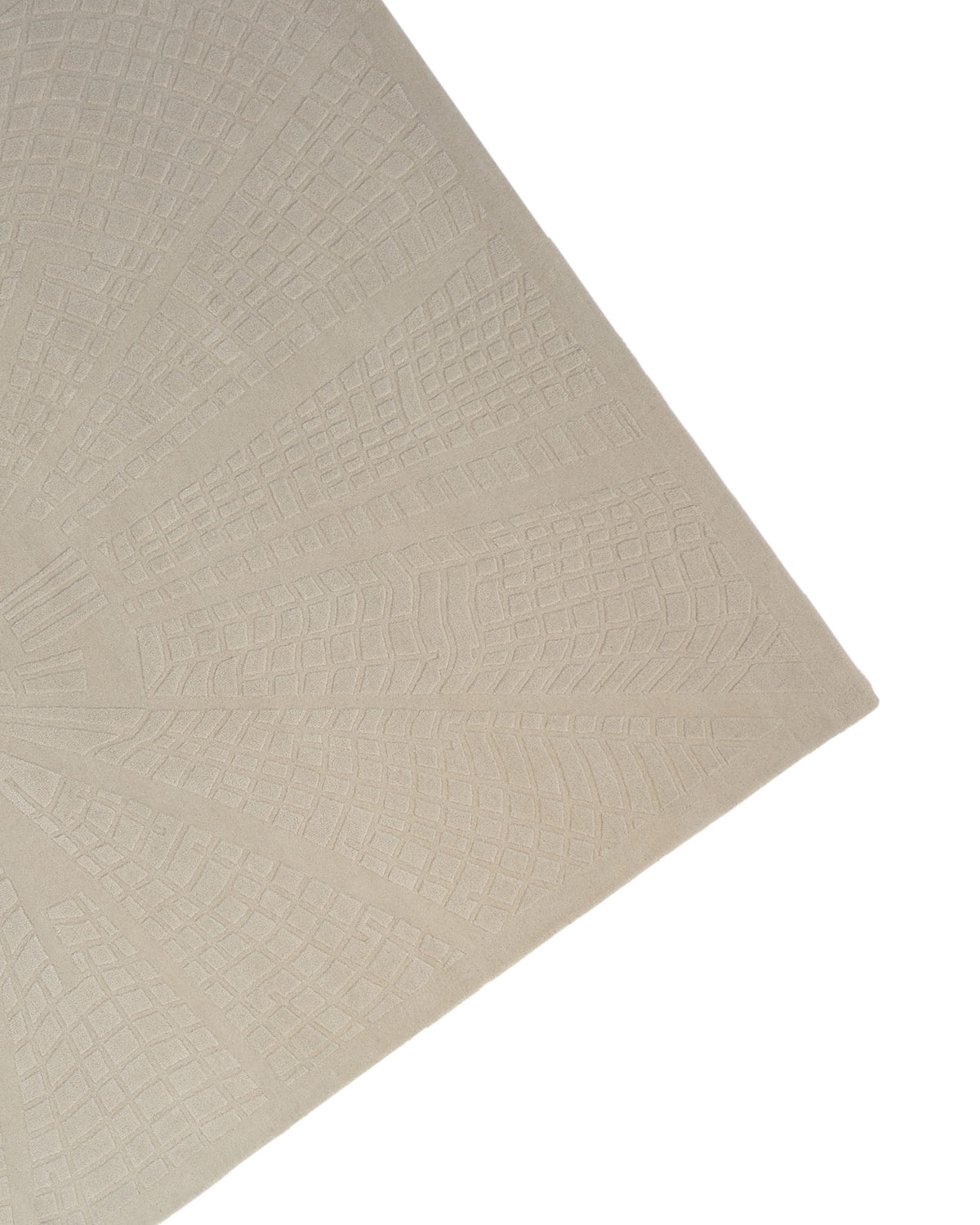 Discover the Rectangle Shape Beige Color Handmade Area Rug - HTW 132 (200x300 cm) by RAMSHA HOME, featuring a beautifully embossed, radiating geometric pattern reminiscent of an abstract sunburst or fan. Intersecting lines and diamond shapes add rich texture to this elegant beige rug, making it the perfect touch of modern sophistication for any space.