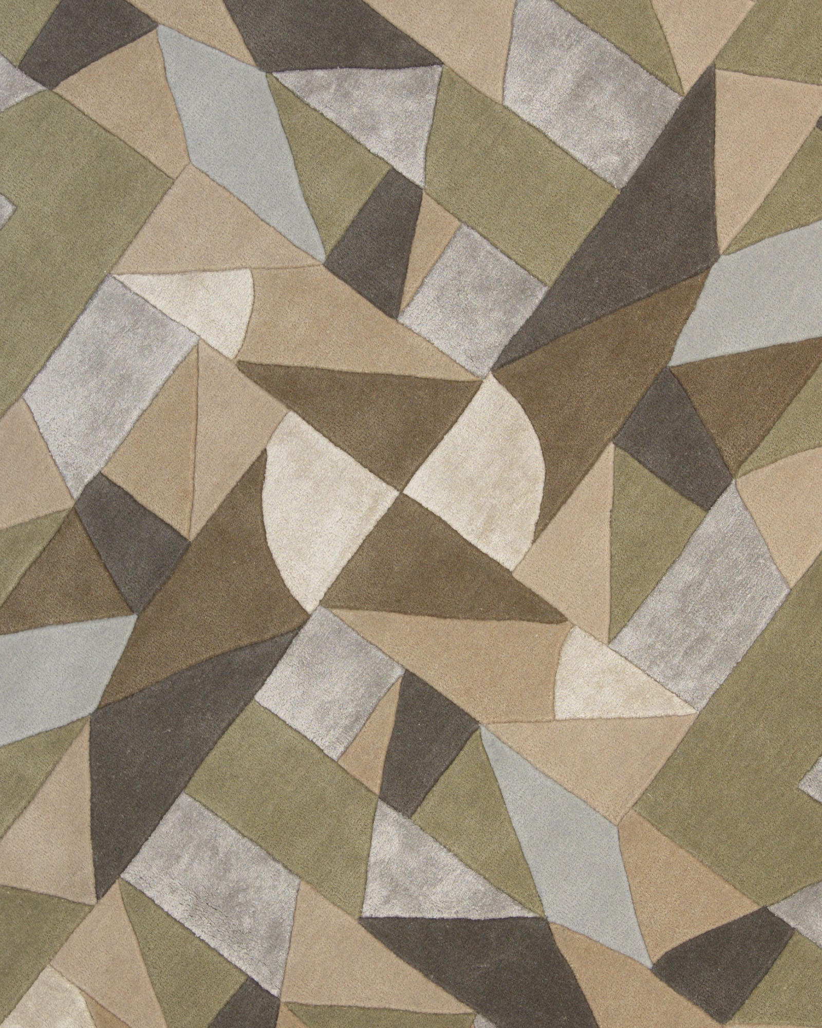 Featuring an abstract geometric pattern with overlapping triangles, rectangles, and curved segments in shades of beige, olive green, gray, and brown, the RAMSHA HOME Handmade Round Carpet For Home Decor 200 CM HTWV-47 creates a striking mosaic effect. This modern round rug is the perfect choice to add contemporary flair to any space.
