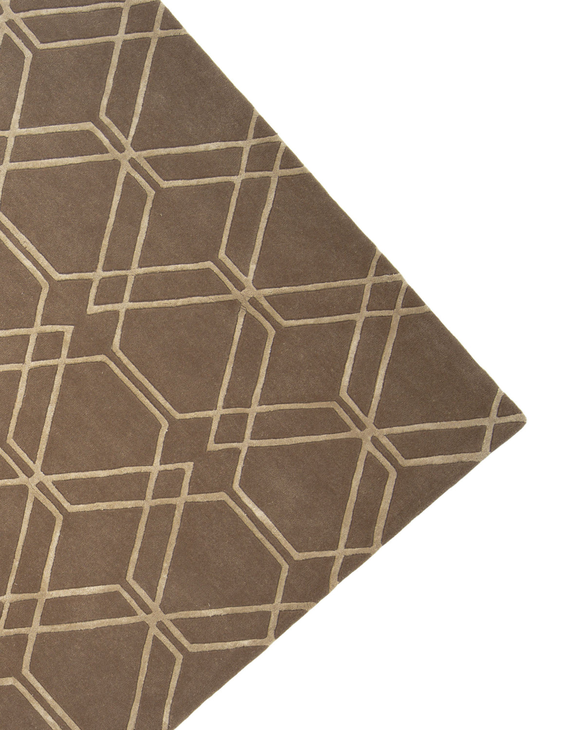 A multi-colored geometric area rug by RAMSHA HOME, the “Stunning Multi Color Hand-Tufted Rug HTWV 21,” is shown at an angle with only part of the hand-tufted rug visible, featuring beige geometric lines on a brown background.
