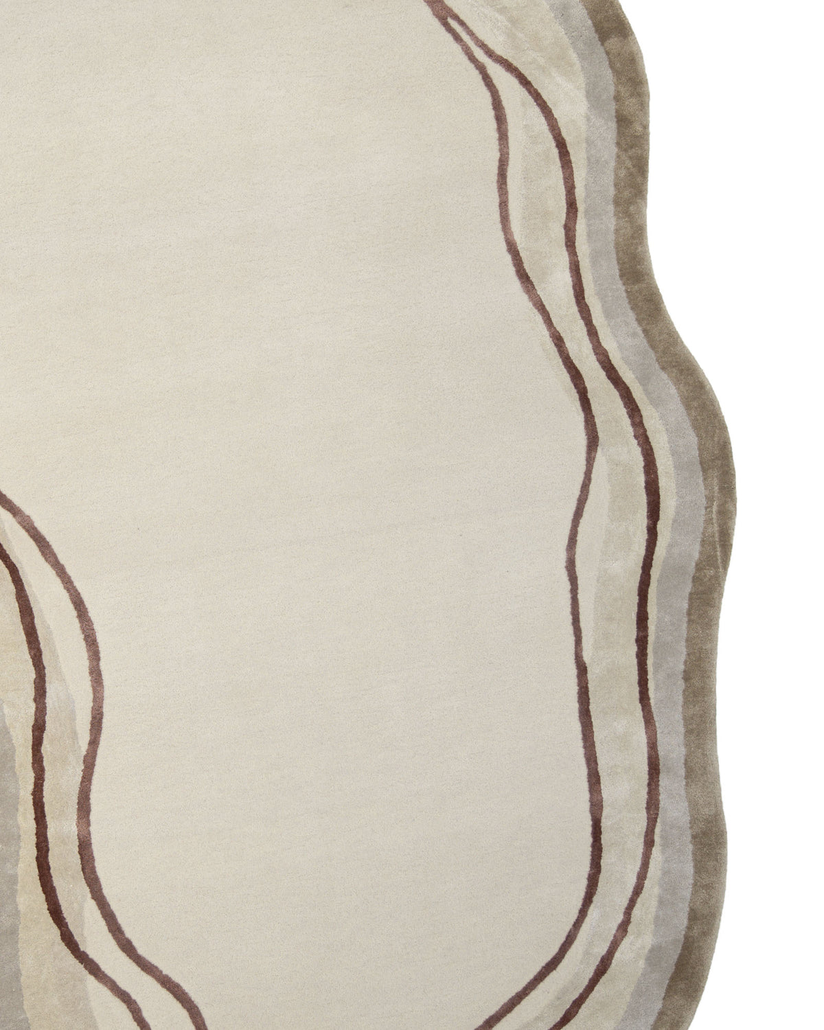 The RAMSHA HOME Handmade Hand-Tufted Carpet HTWV-60 showcases an abstract design with wavy edges and a cream base accented by brown and tan borders. Featuring flowing, curved lines and organic shapes for a modern aesthetic, this beige rug is expertly hand-tufted from a premium wool-viscose blend, bringing both softness and sophistication to any space.