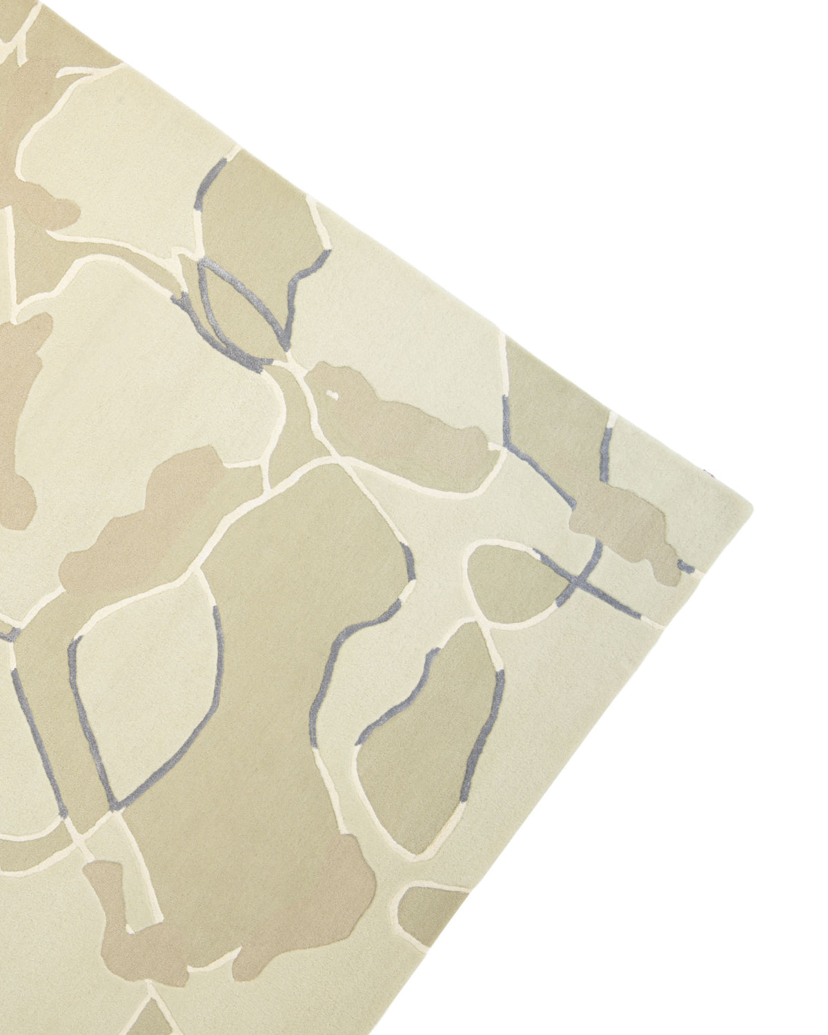 A close-up of the Abstract Multi-Tone Handmade Carpet – HTWV-175 by RAMSHA HOME showcases its modern design, featuring a blend of beige, tan, and light blue with irregular organic shapes and intersecting lines set against a light background. This 200x300 cm viscose blend rug subtly incorporates grey blue tones for a sophisticated touch.