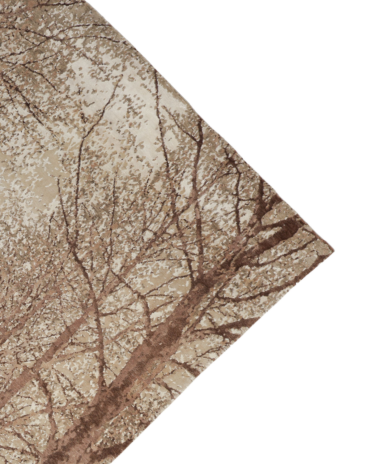 A close-up of the RAMSHA HOME Hand-Knotted Woodland Bamboo Silk & NZ Wool Rug HKWB-04 (240x300 CM), featuring a rectangular forest landscape design with tree branches and leaves in brown and beige tones, displayed on a white background.