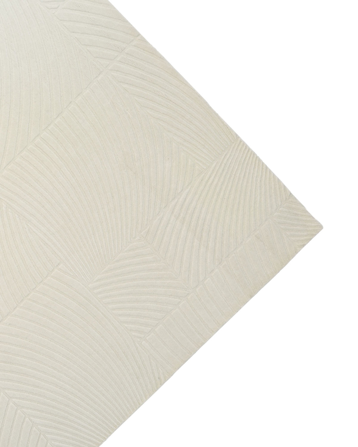 A close-up of the Natural Color Handmade Area Rug - LKH-018 (200x300 cm) by RAMSHA HOME showcases its elegant, ivory-toned geometric and leafy pattern, highlighting the exquisite textured detail of this sophisticated piece against a white background.