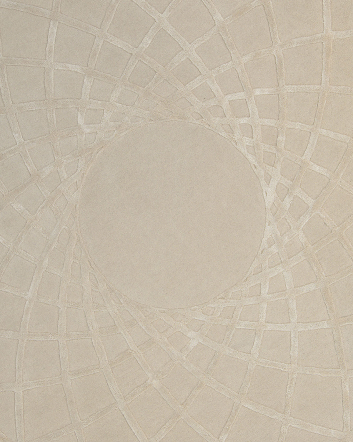 A richly textured beige surface inspired by the RAMSHA HOME Handmade Round Area Rug - HTWV 61 (200 cm), featuring a large central circle encircled by an intersecting, curved grid that creates a subtle spiral effect—exemplifying the artistry of hand-tufted wool and viscose craftsmanship.