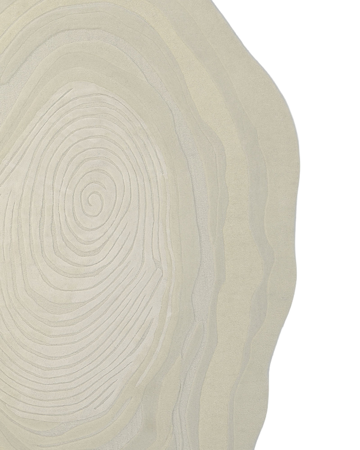 The RAMSHA HOME Ivory Topographic Shaped Rug 200x300 cm (Rug HTWV-192) features a unique abstract beige design with concentric, wavy, raised lines reminiscent of tree rings or topographic map patterns. Set against a white background, its organic and irregular form flows predominantly to the left side, creating a striking statement piece ideal for any modern interior.