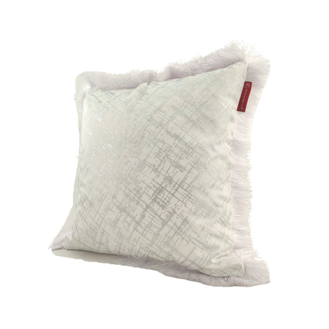 The RAMSHA HOME White & Silver Polyester Cushion CS-122 is a square indoor/outdoor cushion with a light textured pattern, fluffy edges, and a small red fabric tag, shown on a crisp white background.