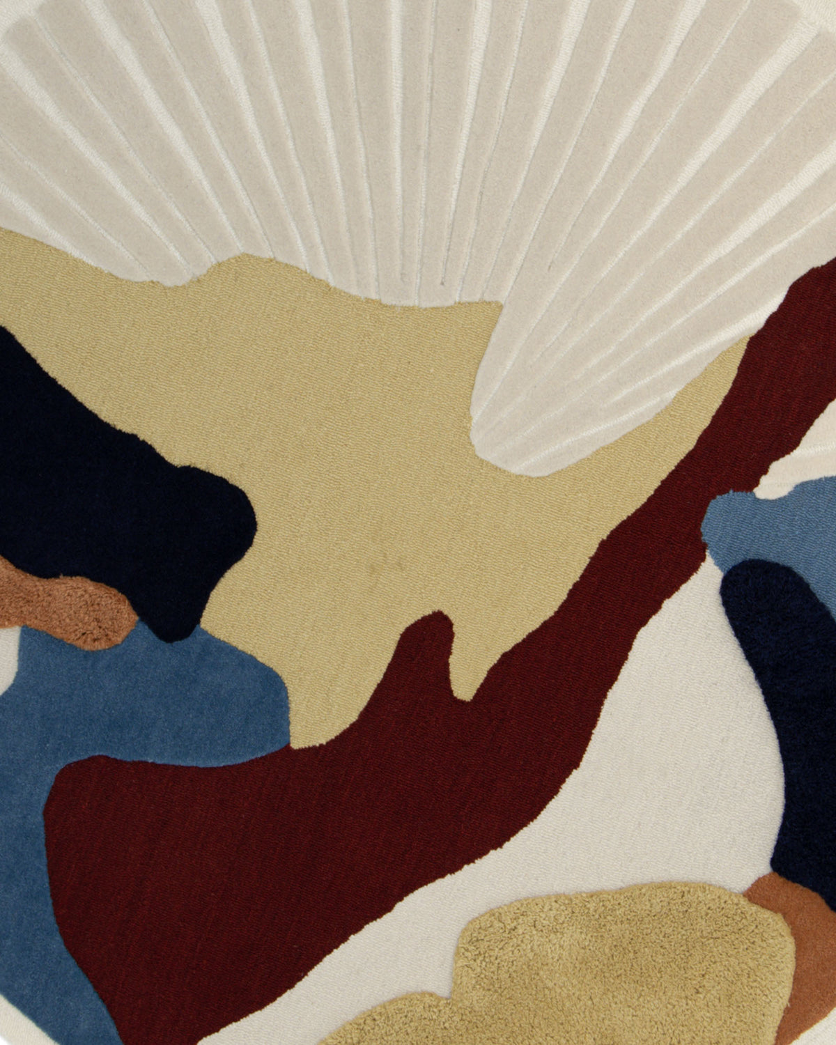 Introducing the RAMSHA HOME Handmade Wool & Cotton Abstract Round Area Rug HTW 125 (200cm): a modern, artistic rug featuring textured patterns in cream, tan, navy, red, blue, and brown. Its organic shapes and lines create a unique abstract composition that enhances any contemporary space.