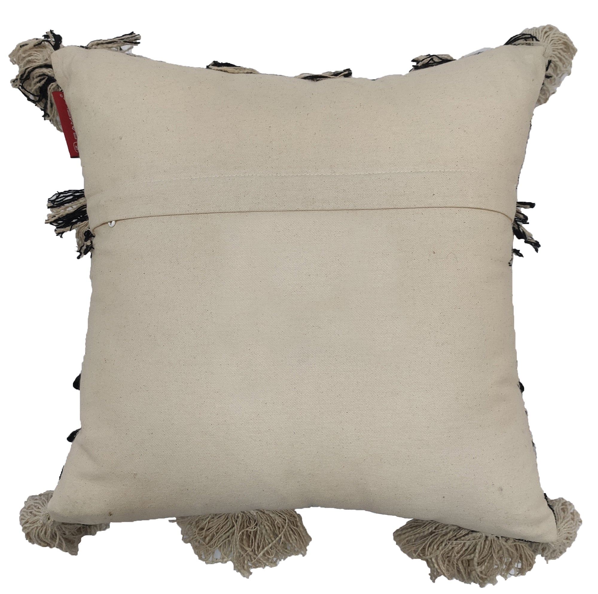 The RAMSHA HOME Cotton Boho Sofa Cushion With Tassel cs-284 is a square, cream cushion featuring decorative fringed tassels on each corner and edge, a horizontal seam on the back, and cozy cotton for added comfort.