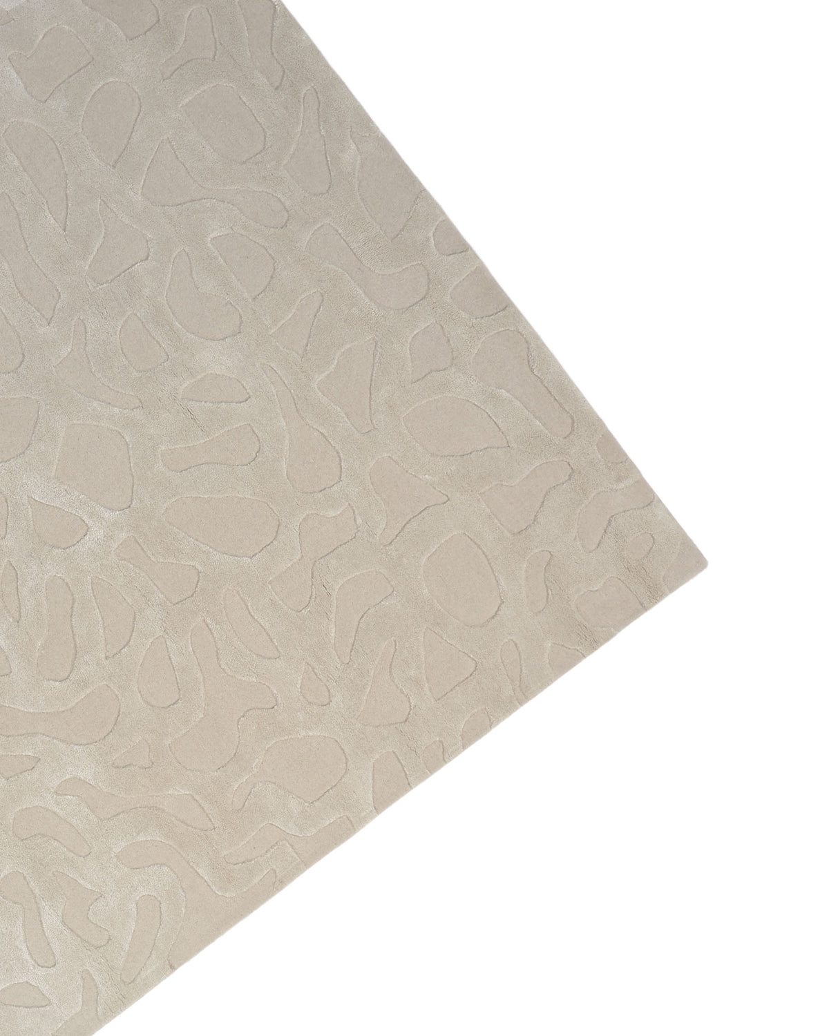 A close-up of the Rectangle Modern Handmade Rug 200x300 CM HTWV-197 by RAMSHA HOME, featuring abstract, organic patterns in beige tones, displayed from an angled perspective against a white background.