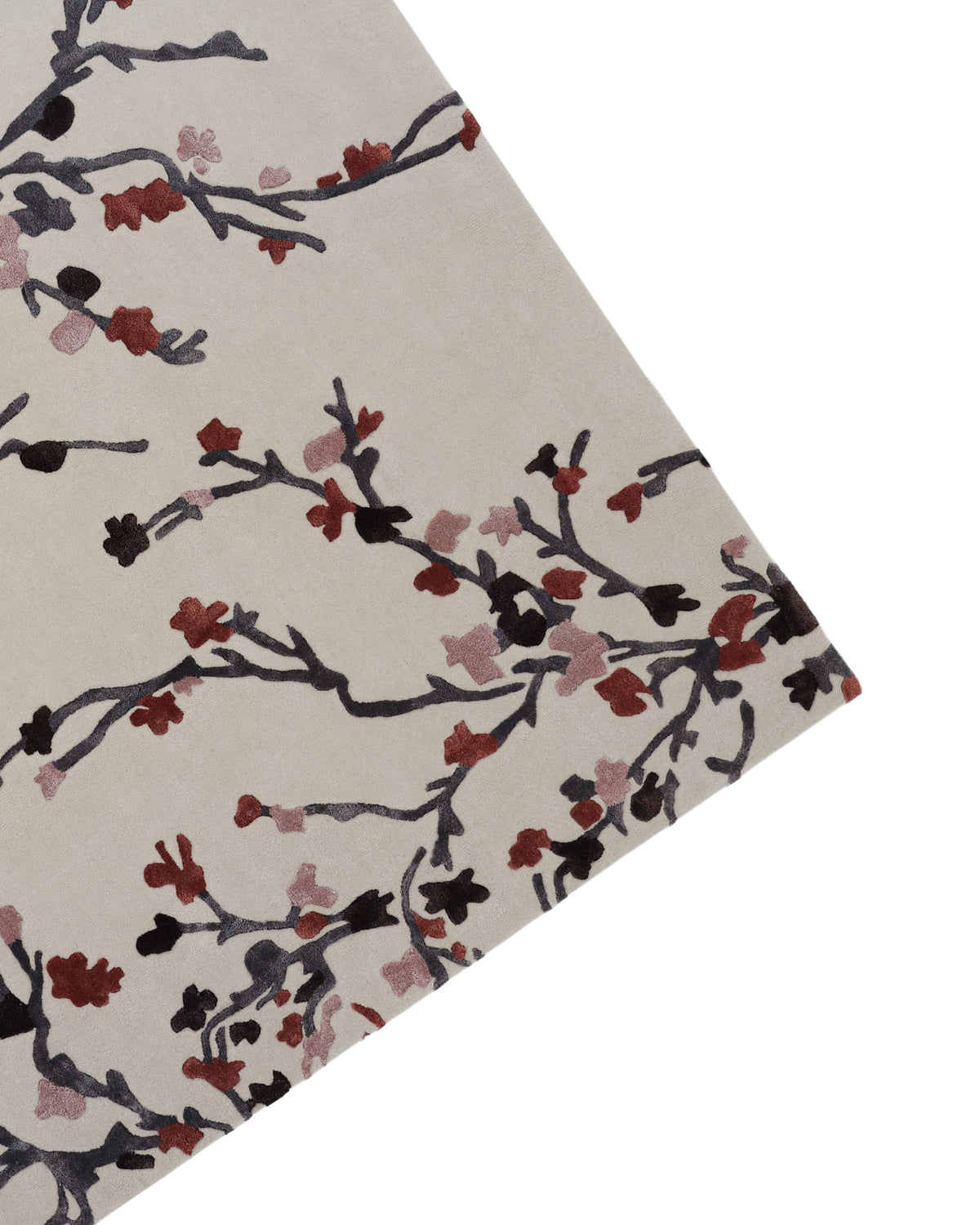 The RAMSHA HOME Multi Color Handmade Area Rug HTWV-119 features a cream-colored wool base adorned with a floral pattern of dark brown and red branches and leaves. Shown from an angled overhead view, this decorative area rug adds an elegant touch to any space.