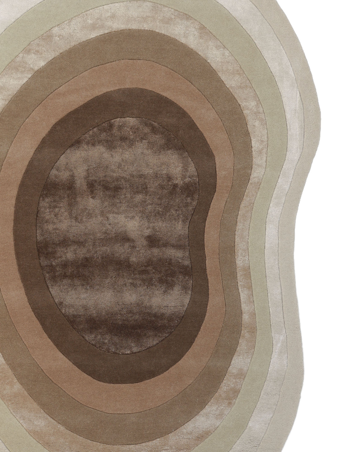 Experience the Vibrant Living Room Handmade Rug - HTWV-81 B (200x300cm) by RAMSHA HOME, featuring organic, irregular oval rings in warm shades of brown and beige that evoke the look of topographic map lines. Expertly hand-tufted from wool with a touch of tencel for added luster, this striking rug features a dark center with lighter tones radiating outward.