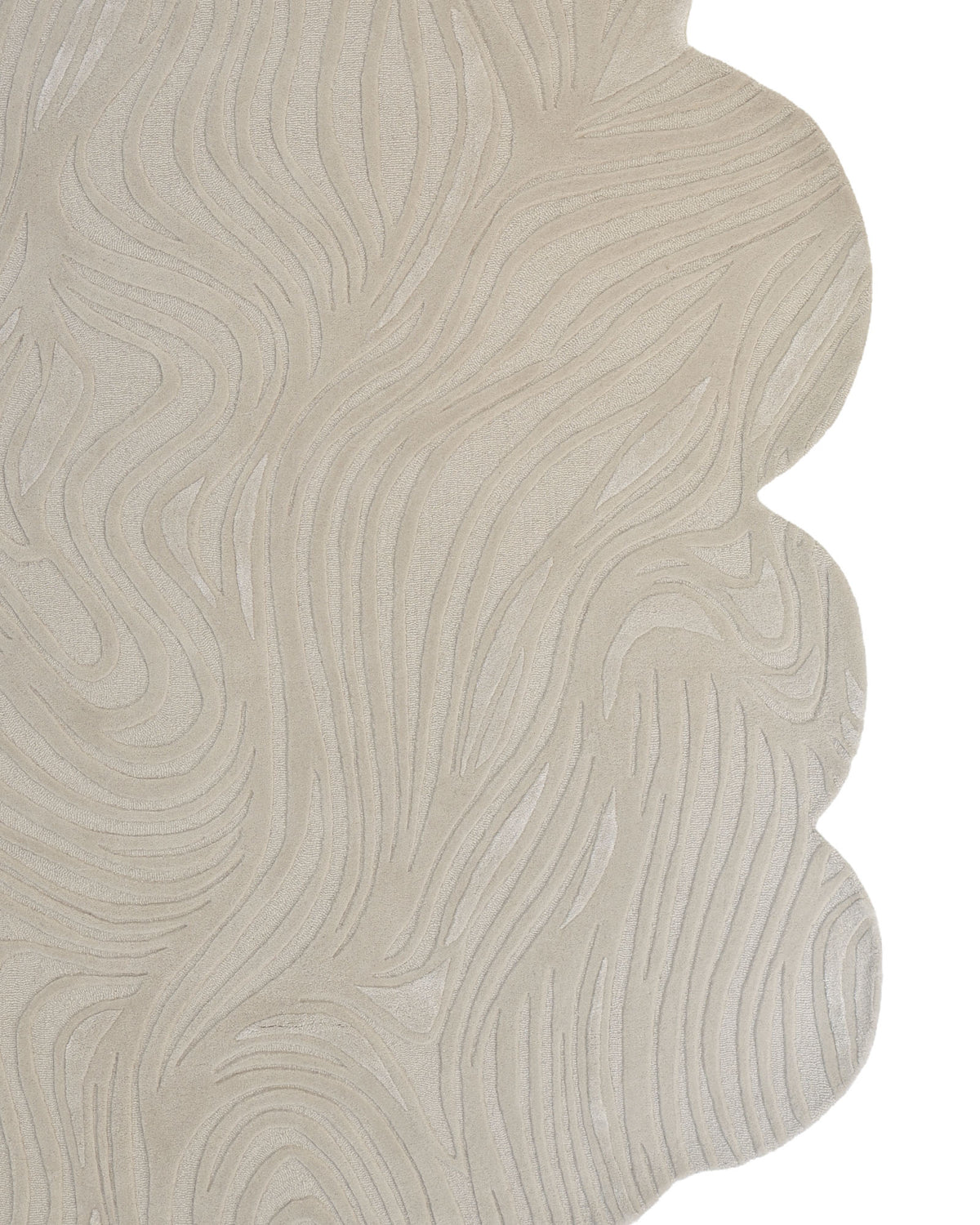 Introducing the Organic Shape Flow Line Handmade Area Rug HTWV-141 by RAMSHA HOME—a beige, hand-tufted wool rug featuring abstract wavy lines and an irregular, scalloped edge. This unique area rug showcases a raised pattern that adds movement and depth to any space.