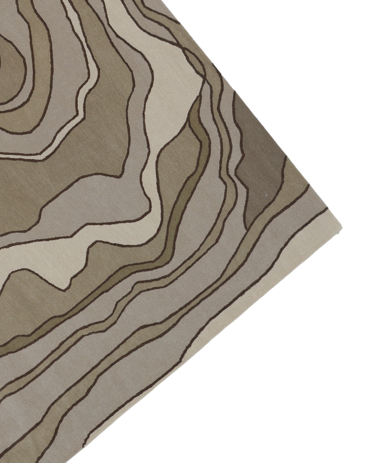 Corner of the RAMSHA HOME “Beautiful Home Decor Handmade Carpet – HTW-66,” a hand-tufted wool rug showcasing an abstract, wavy pattern in beige, brown, and gray tones reminiscent of topographic contour lines. This modern area rug brings artistic flair and subtle sophistication to any space.