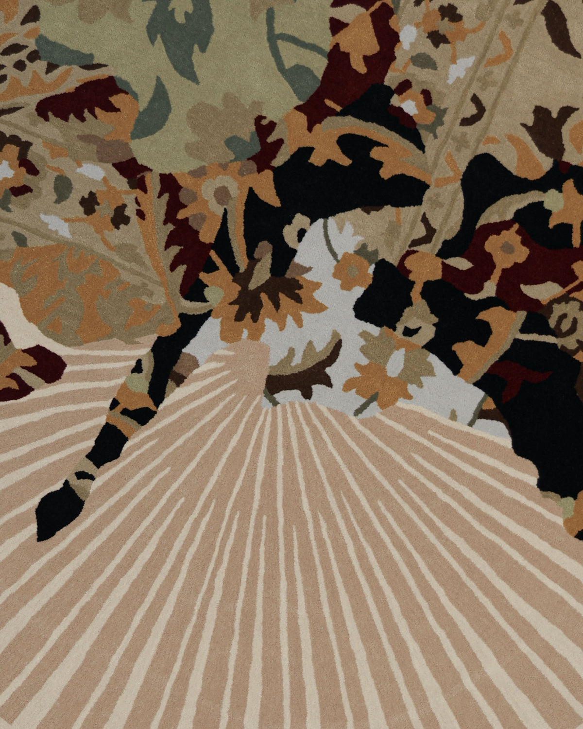Introducing the RAMSHA HOME Round Multi Area Rug, model HTW-73—a stunning 200 cm hand-tufted wool piece for your living room. This rug showcases abstract patterns in earthy tones, highlighted by overlapping leaves and floral motifs on the top and left that seamlessly transition into radiating beige lines across the lower half, echoing a subtle sunburst effect. The result is a striking interplay of organic forms and geometric structure. Masterfully crafted, this exceptional rug blends artistic elegance with