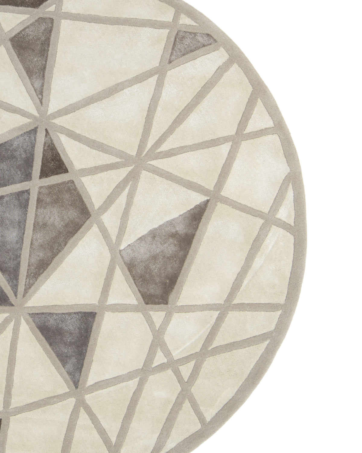 Partially visible in the image is the RAMSHA HOME Geometric Round Handmade Rug 200 cm – HTWV 206, featuring a neutral color palette of beige, cream, and gray. The rug displays an intricate geometric pattern with intersecting beige lines forming triangles and diamonds.