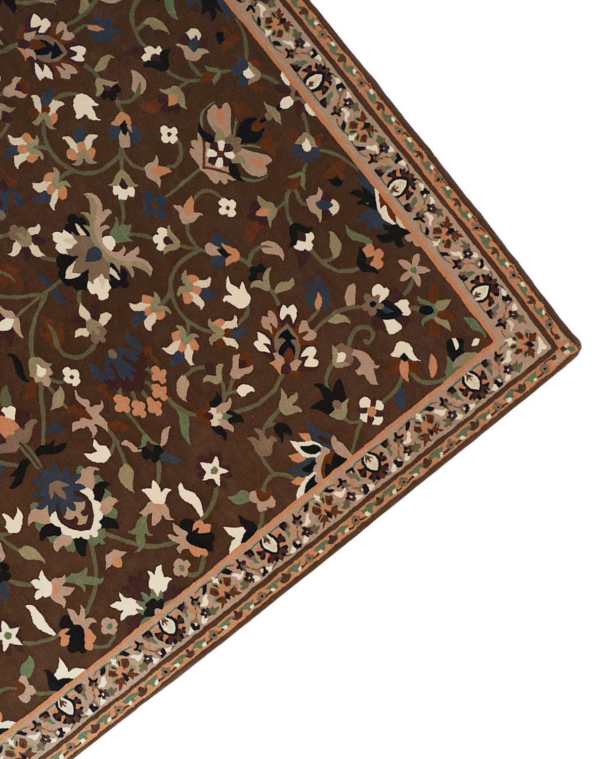 A close-up of the Wool & Cotton Hand Tufted Rug HTW-07 by RAMSHA HOME showcases a section with a brown background, featuring traditional multicolored floral designs and a decorative border along the edges.