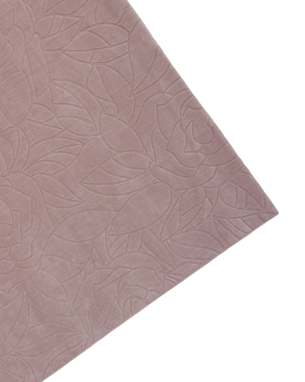 A Rectangle Handmade Pink Color Area Rug (LKH-029) by RAMSHA HOME is displayed at an angle against a white background, featuring an embossed floral pattern.