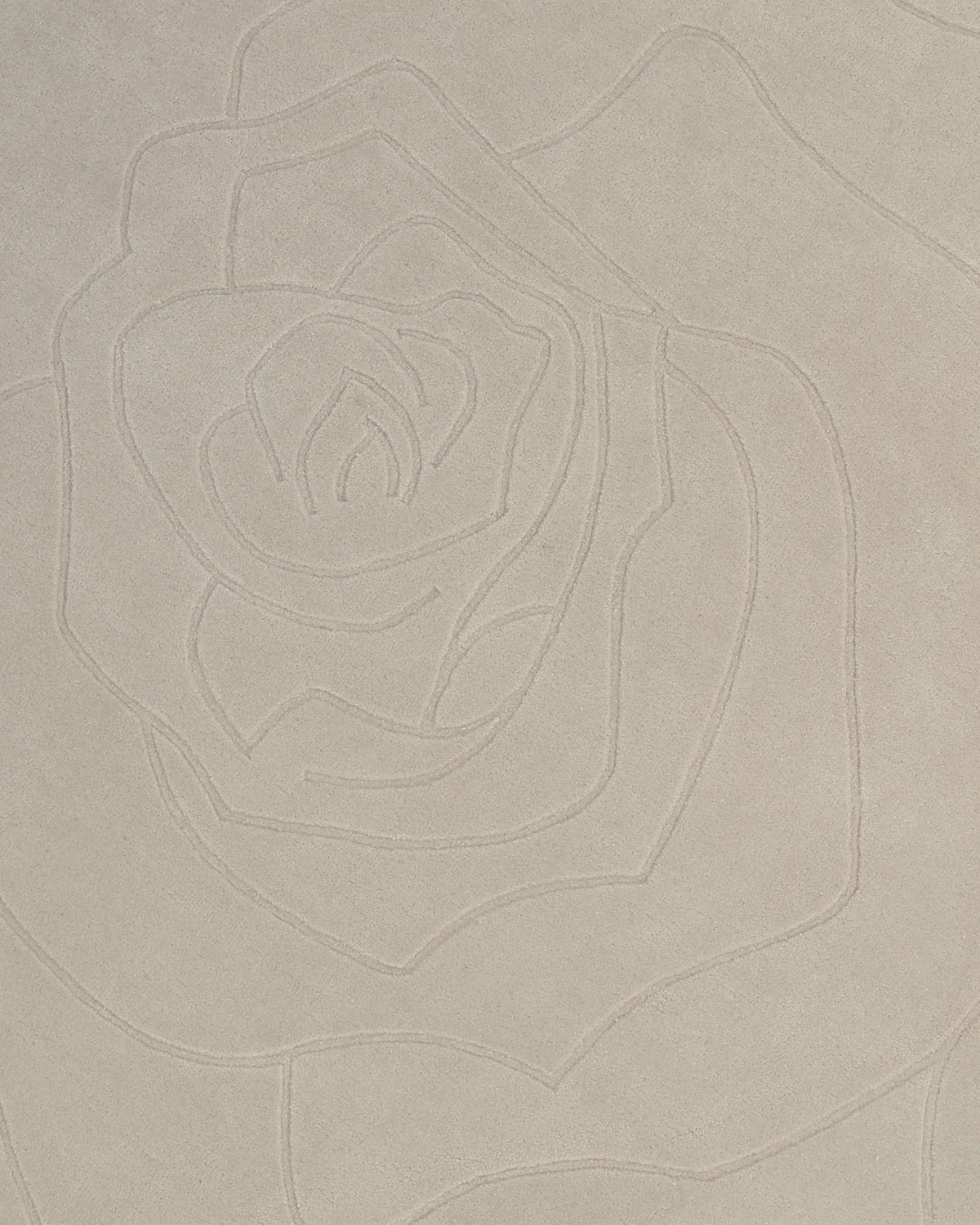 Introducing the RAMSHA HOME Handmade Rose Shape Rug HTW 106, featuring a beige surface with an embossed outline of a large, abstract rose flower pattern. This elegant hand-tufted rug displays layered petals in a subtle, monochromatic design, bringing refined texture and artistry to any space.