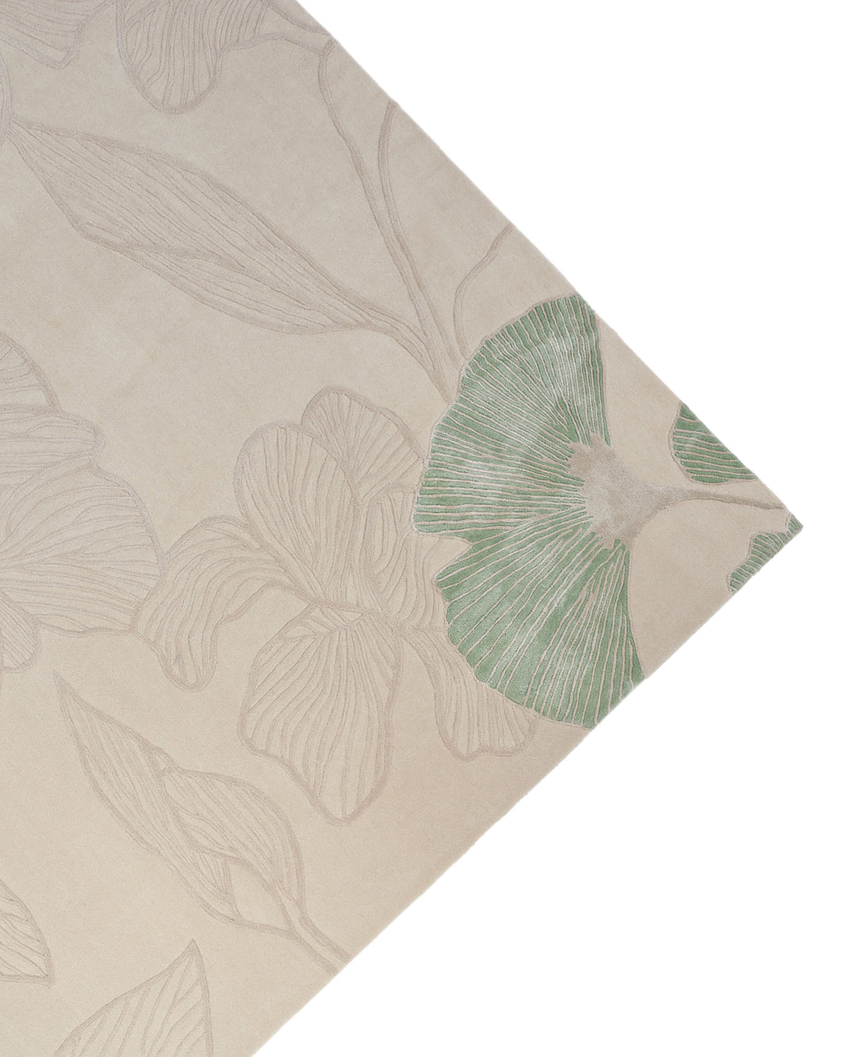 Introducing the Floral Handmade Rectangle Rug HTWV-189 by RAMSHA HOME—a beige rug featuring a subtle floral pattern in light brown and a striking green ginkgo leaf motif. Artisanal and hand-woven, this piece beautifully embodies natural elegance while adding warmth and character to any space.